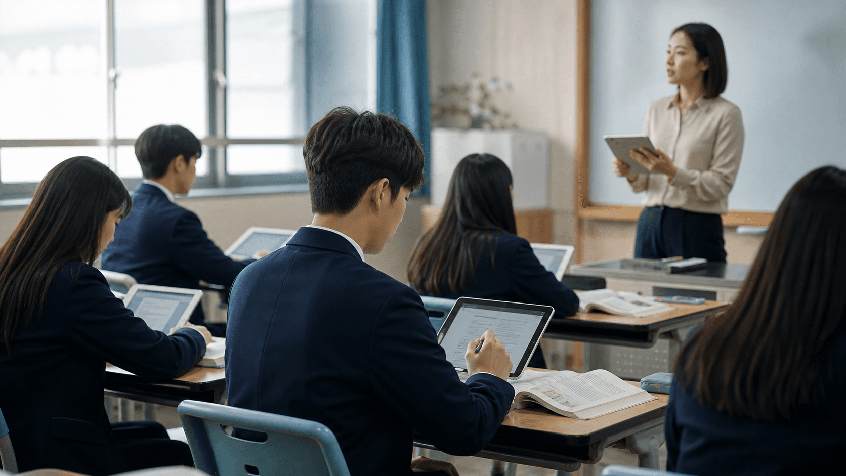 교과서와 태블릿을 함께 사용하는 수업에 참여하는 교사와 학생들