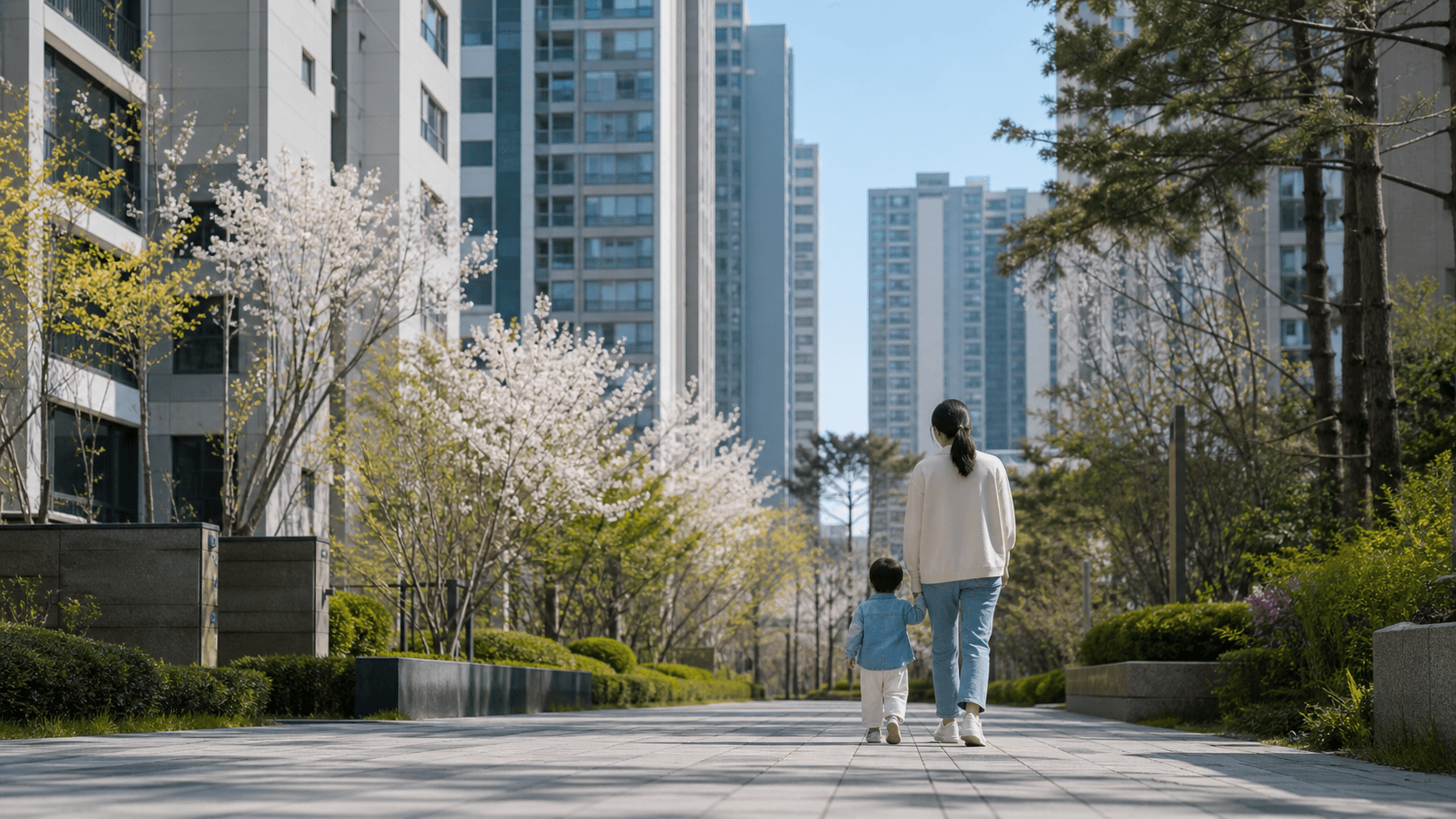서울 아파트 단지 산책로를 함께 걷는 보호자와 어린이